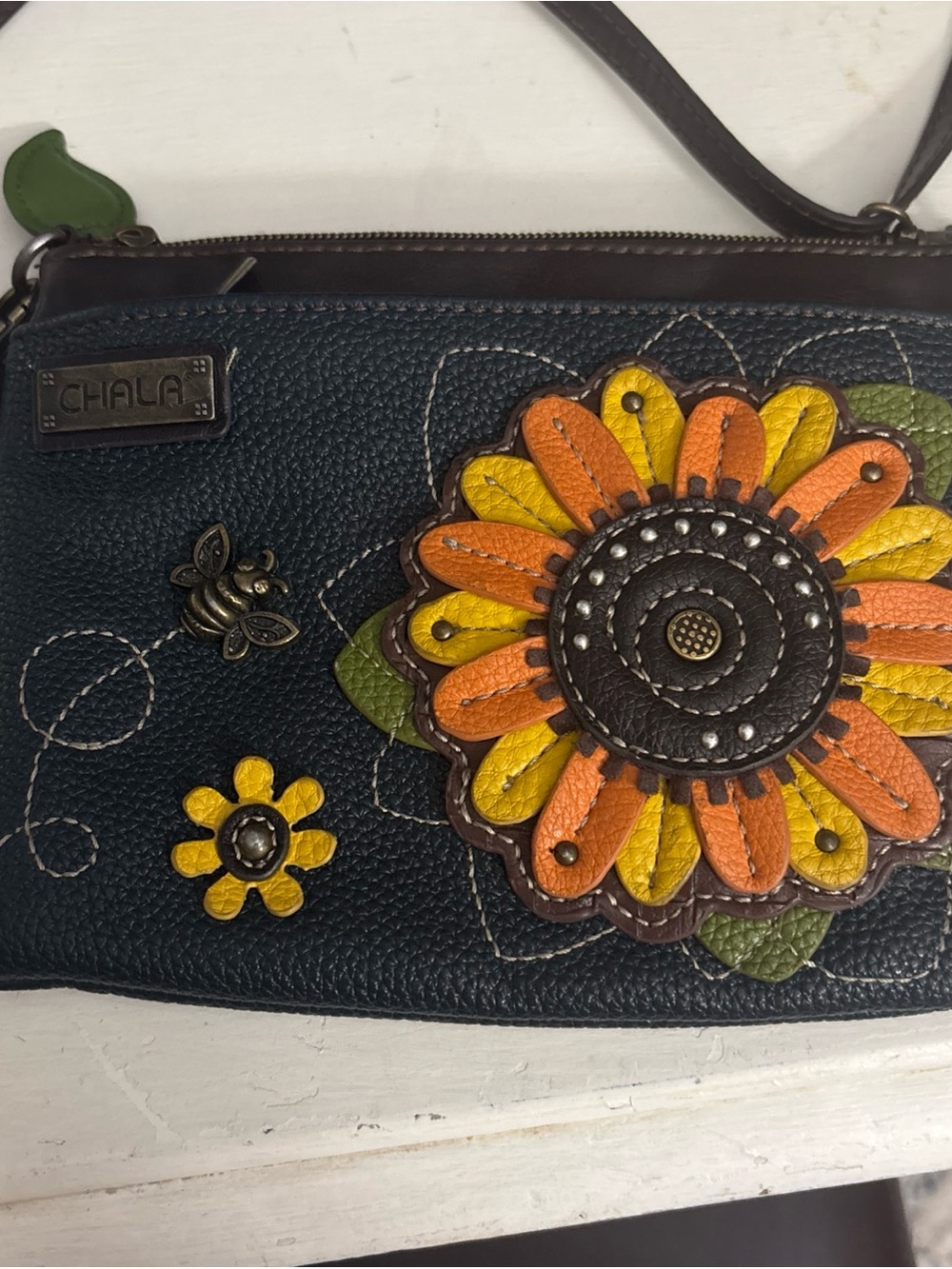 Chala Brown Crossbody with Orange & Yellow Floral Appliqué
